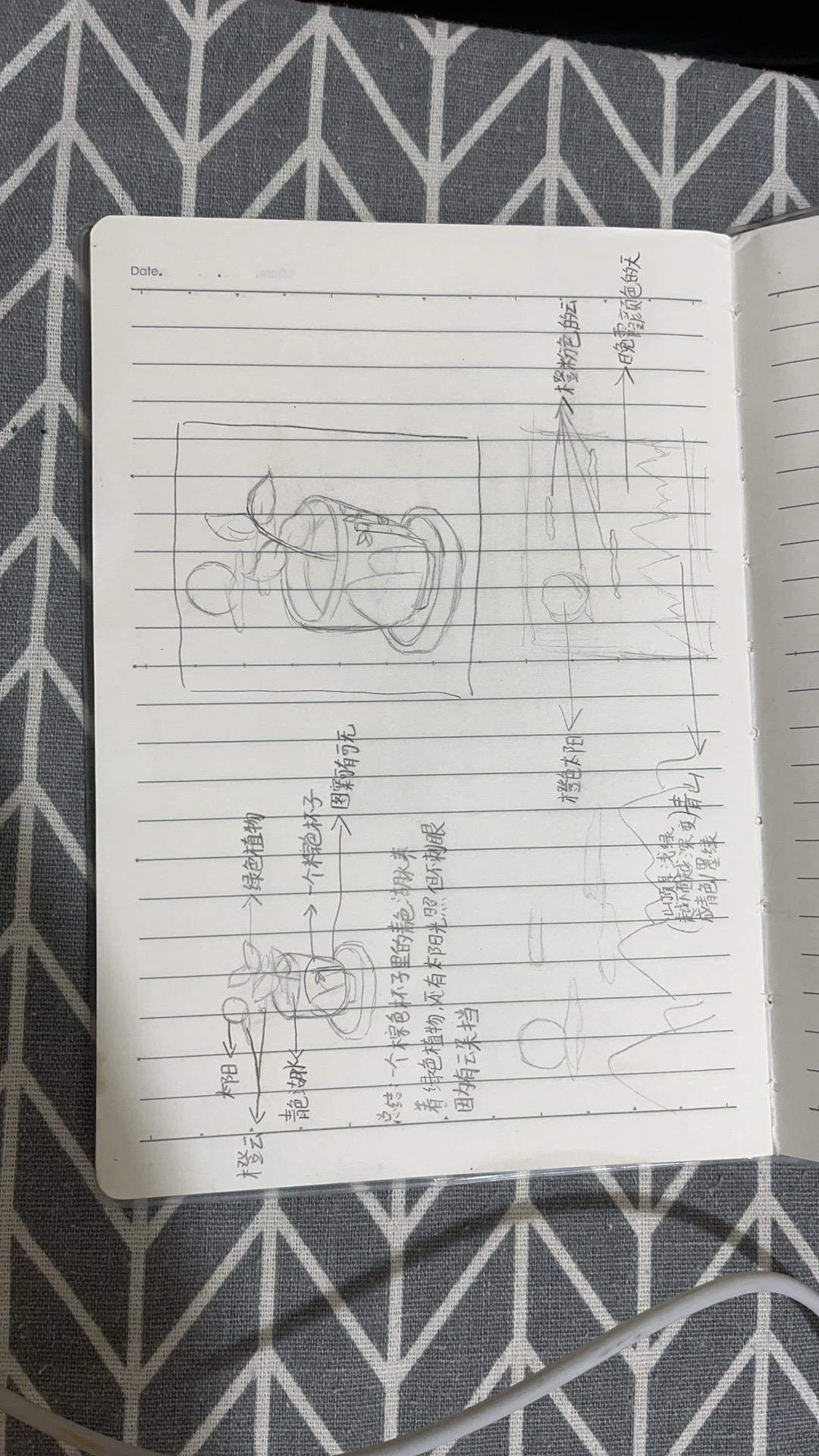 孩子在笔记本上画的杯中幼苗、太阳、云和山水草图